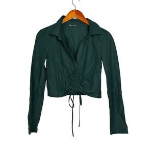 Zara Ruched Cropped Tie Front Long Sleeve Collared Semi Sheer Top Blouse S Green